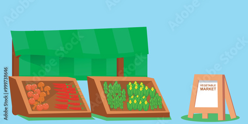 Vector illustration of a traditional market, with stalls selling fresh vegetables and fruits. products such as tomatoes, carrots, chilies. with wooden stalls and umbrellas to protect from the sun.