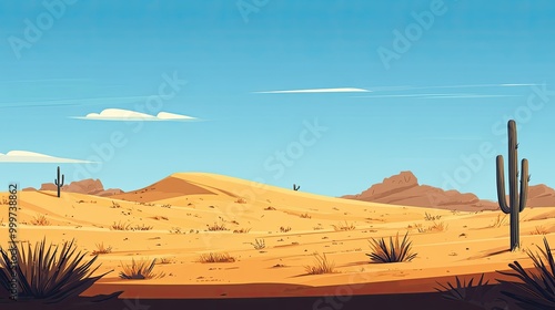 A vibrant desert landscape featuring sand dunes, cacti, and a clear blue sky. photo