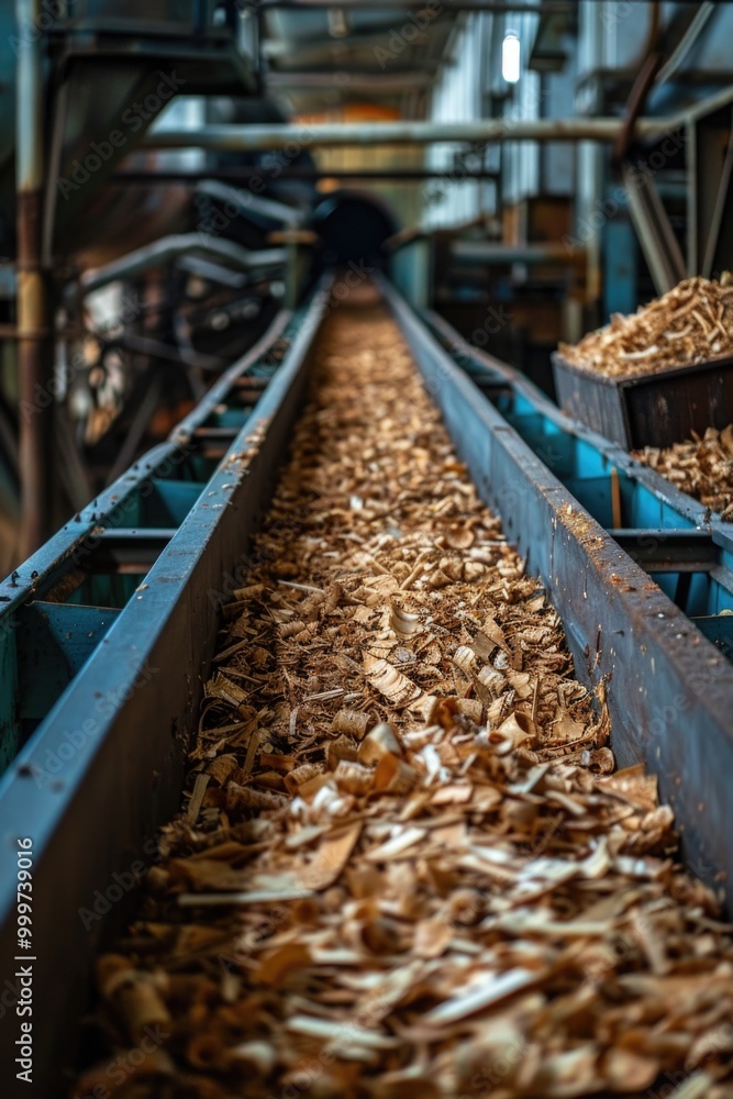 A conveyor belt loaded with wooden chips, perfect for woodworking or craft projects A conveyor belt loaded with wooden chips, perfect for woodworking or craft projects