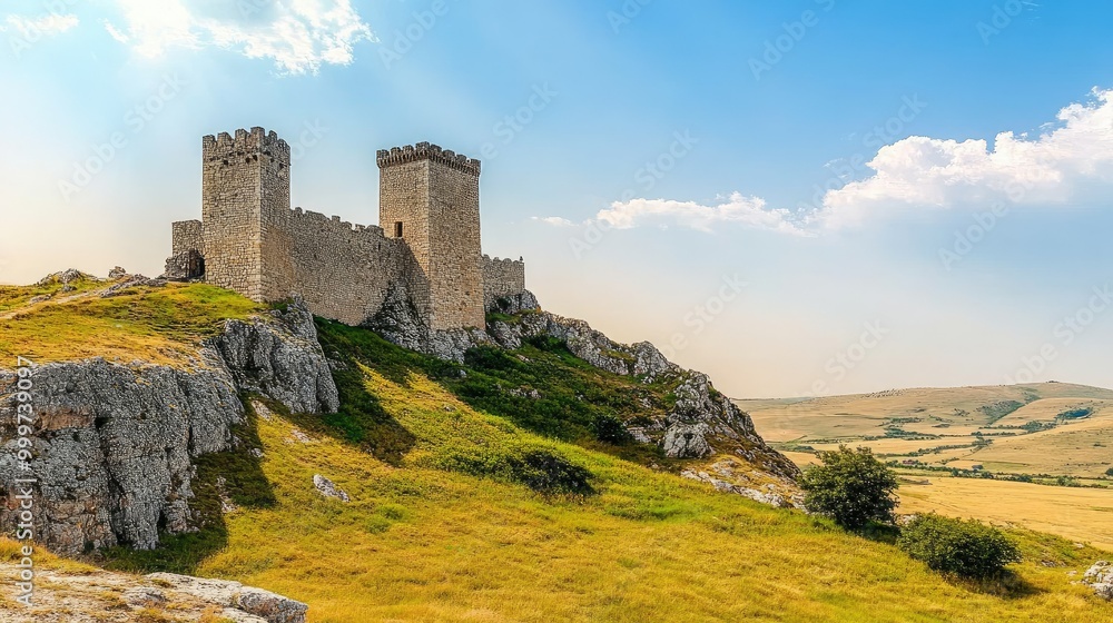 A medieval castle perched on a rocky hill under a clear blue sky. A medieval castle perched on a rocky hill under a clear blue sky.