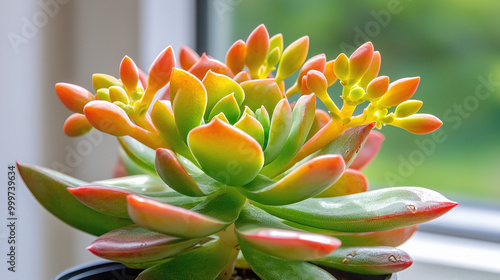 a vibrant Echeveria laui succulent with blooming flower buds, set against a soft backdrop photo