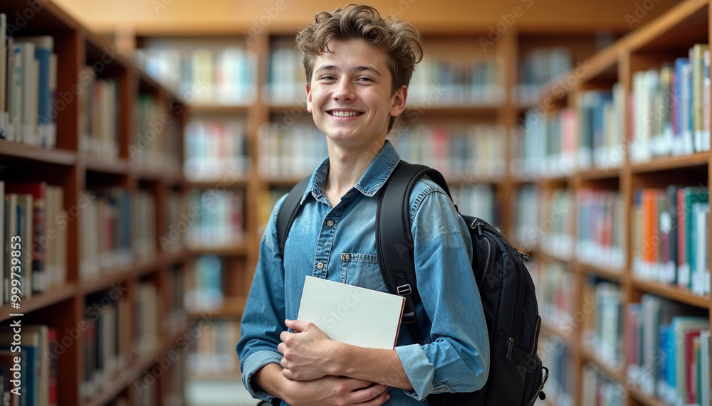 Portrait of smiling teenage boy standing with backpack in library, holding textbooks, preparing for research project, study concept, student Portrait of smiling teenage boy standing with backpack in library, holding textbooks, preparing for research project, study concept, student