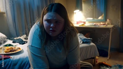 A plump and obese teenage girl sits and is sad in her room because of her unhealthy lifestyle and bad figure