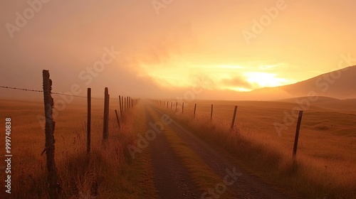 A serene dirt road stretches through a foggy landscape at sunset, evoking tranquility and solitude.