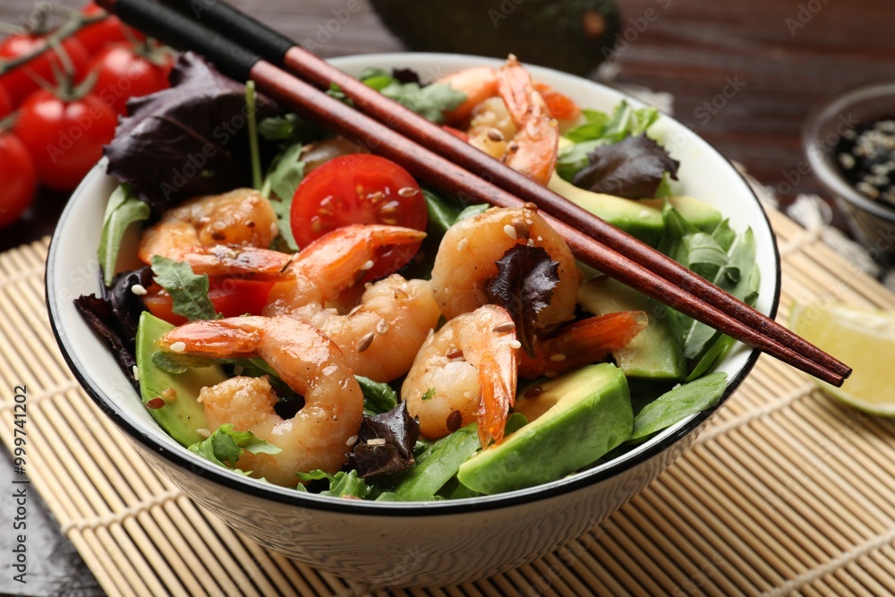 Delicious shrimp salad in bowl on table, closeup Delicious shrimp salad in bowl on table, closeup