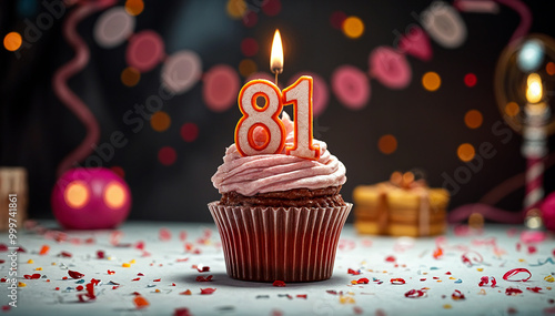 Birthday cupcake with burning lit candle with number 81. Number eighty-one for eighty-one years or eighty-first anniversary. photo