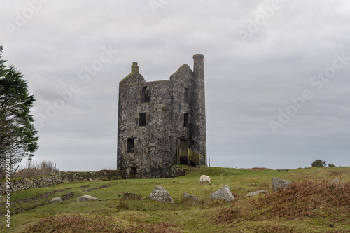 Housemans Engine House and a grey cloudy day on Bodmin Moor England