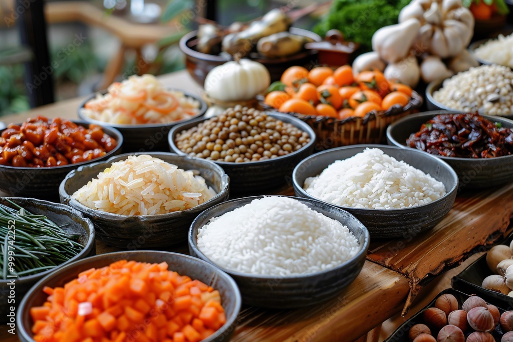 A vibrant collection of fresh vegetables, grains, and fruits is showcased on wooden tables at a bustling market. Bright colors and textures highlight the variety available to shoppers A vibrant collection of fresh vegetables, grains, and fruits is showcased on wooden tables at a bustling market. Bright colors and textures highlight the variety available to shoppers