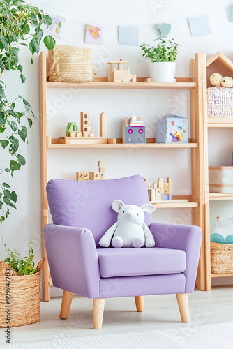 a beautifully decorated child's room with a purple armchair and warm wooden accents, evoking comfort