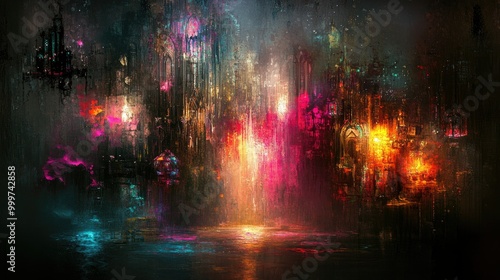 A vibrant, abstract cityscape with colorful lights and ethereal elements.