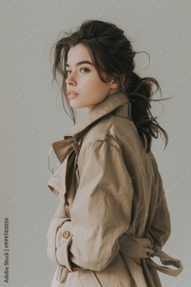 A woman posing in a trench coat, perfect for fashion or lifestyle images A woman posing in a trench coat, perfect for fashion or lifestyle images