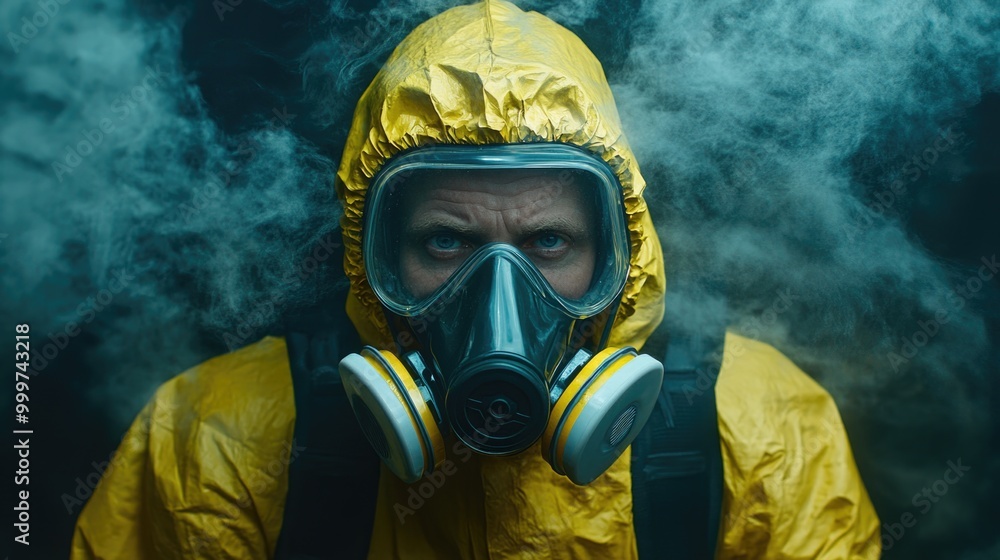 A chemist in a yellow suit and mask is surrounded by hazardous fumes in a lab setting A chemist in a yellow suit and mask is surrounded by hazardous fumes in a lab setting