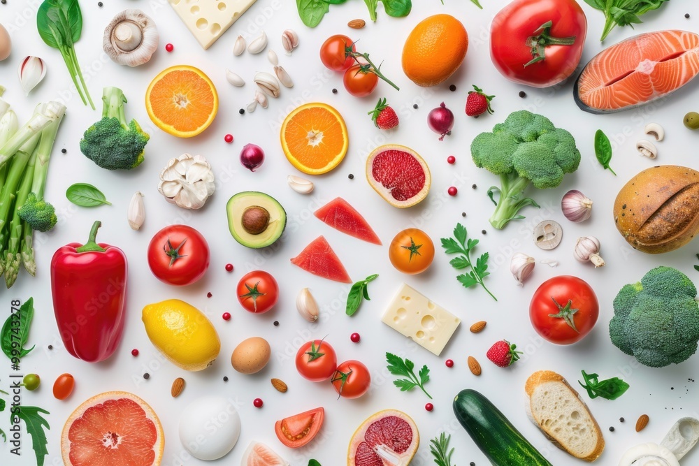 Variety of fruits and vegetables arranged on a white surface, ideal for food photography or recipe illustrations Variety of fruits and vegetables arranged on a white surface, ideal for food photography or recipe illustrations