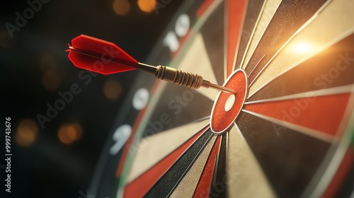 Close-up image of a dart hitting the bullseye on a dartboard in focused lighting, emphasizing precision and success in achieving a target.