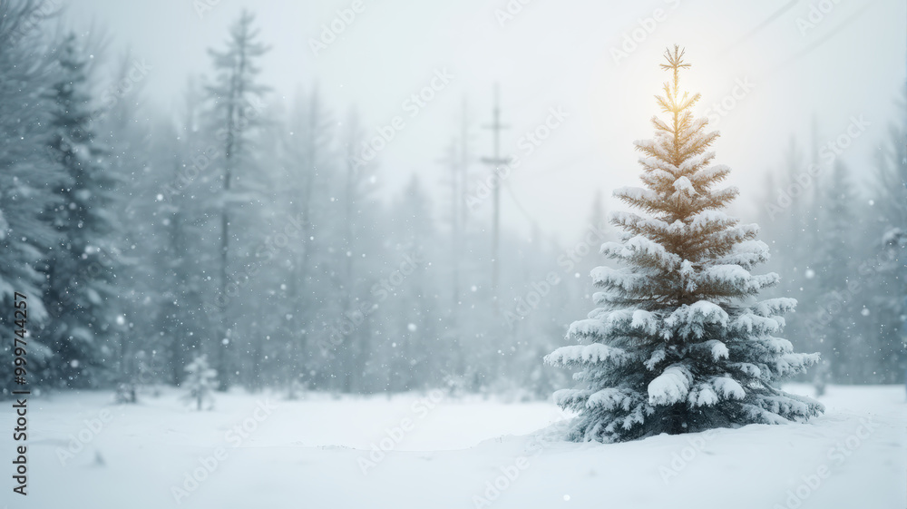 Snow-covered pine tree shines under soft winter light in a serene forest Snow-covered pine tree shines under soft winter light in a serene forest