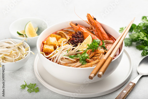 Photography Laksa, Malaysian noodle soup with shrimp, tofu and sprouts, selective focus