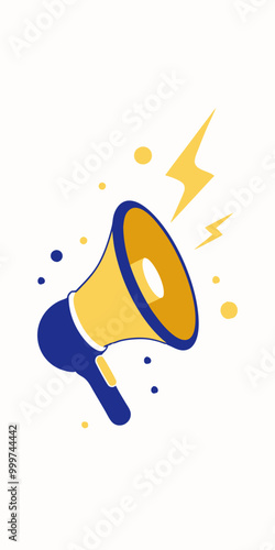 A vibrant illustration of a yellow megaphone with blue accents and lightning bolts, perfect for representing announcements, news, and communication.