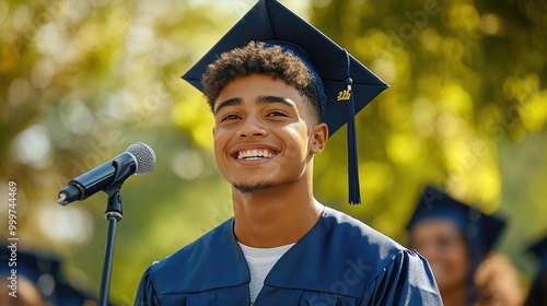 A valedictorian enthusiastically speaks to fellow graduates during the ceremony