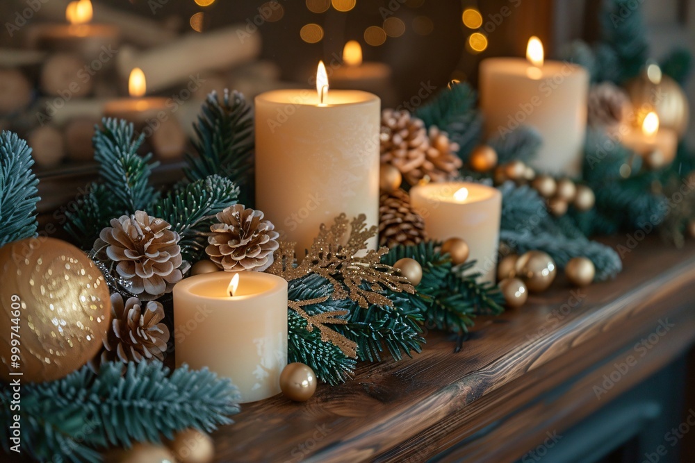 Softly glowing candles are arranged on a mantel, surrounded by seasonal greenery, pine cones, and ornaments, creating a warm and inviting atmosphere for the winter holiday season Softly glowing candles are arranged on a mantel, surrounded by seasonal greenery, pine cones, and ornaments, creating a warm and inviting atmosphere for the winter holiday season