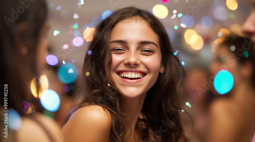 Smiling girl enjoying fun party surrounded by friends, confetti, and colorful lights for a lively celebration of joy and happiness