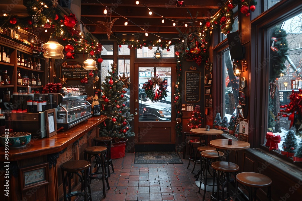 The cafe features wooden tables and warm lights, filled with holiday decorations, a Christmas tree, and festive plants. A cozy atmosphere invites guests to enjoy seasonal drinks and treats The cafe features wooden tables and warm lights, filled with holiday decorations, a Christmas tree, and festive plants. A cozy atmosphere invites guests to enjoy seasonal drinks and treats