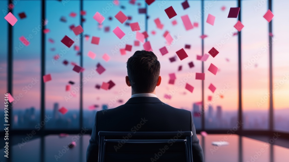 A kaleidoscopic image of a boardroom with abstract shapes representing data and information, while a single executive sits amidst it all, eyes closed, meditating on the vision. A kaleidoscopic image of a boardroom with abstract shapes representing data and information, while a single executive sits amidst it all, eyes closed, meditating on the vision.
