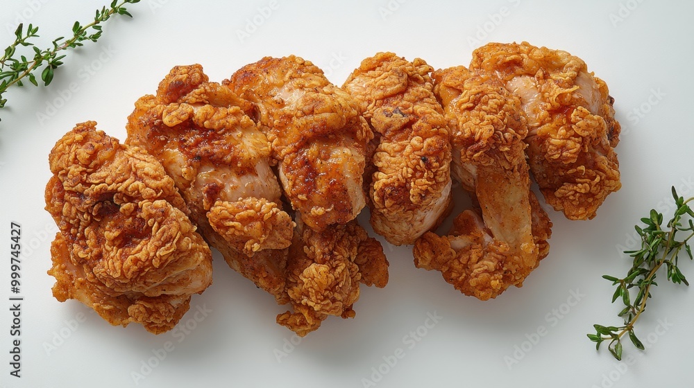 Crispy, golden-brown fried chicken pieces arranged on a plate, garnished with fresh herbs. Crispy, golden-brown fried chicken pieces arranged on a plate, garnished with fresh herbs.