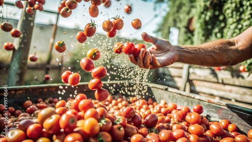 Hand throwing tomatoes at La Tomatina festival, bright red tomatoes floating in the air, photo