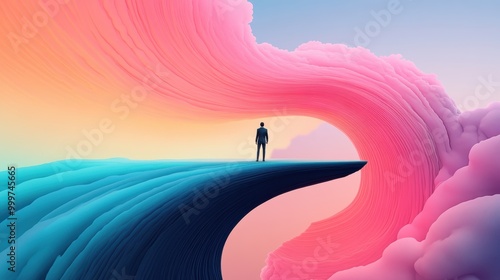 A lone figure in a suit, standing on a bridge over a river of swirling colors, representing the flow of possibilities and the decision making process.