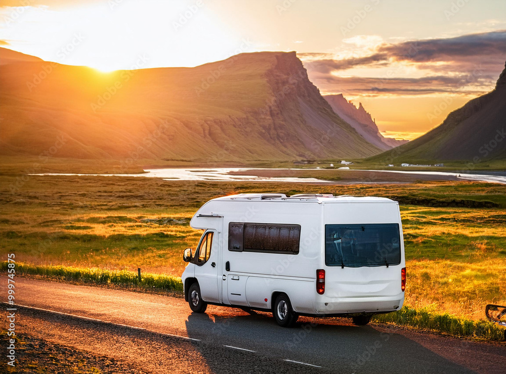 Obraz premium Tourists in RV Motorhome Camper Van on a Scenic Mountain Road Trip