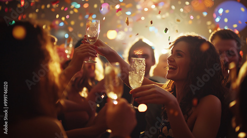 Group of friends toasting with champagne at a festive party, celebrating with joy, confetti, and drinks in a lively night event