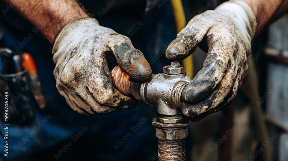 Close-up of a worker's hands in dirty gloves tightening a valve on a metal pipe. Close-up of a worker's hands in dirty gloves tightening a valve on a metal pipe.