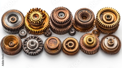 intricate array of antique brass gears varying sizes and patinas isolated on white the vintage cogwheels evoke steampunk aesthetics and mechanical ingenuity photo