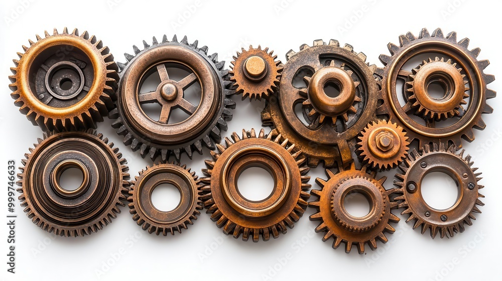 intricate array of antique brass gears varying sizes and patinas isolated on white the vintage cogwheels evoke steampunk aesthetics and mechanical ingenuity intricate array of antique brass gears varying sizes and patinas isolated on white the vintage cogwheels evoke steampunk aesthetics and mechanical ingenuity
