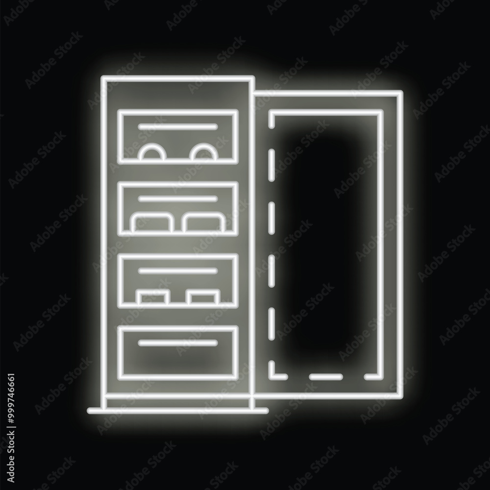 White glowing neon line refrigerator with open door icon isolated on black background. Fridge for food and drinks. Vector White glowing neon line refrigerator with open door icon isolated on black background. Fridge for food and drinks. Vector