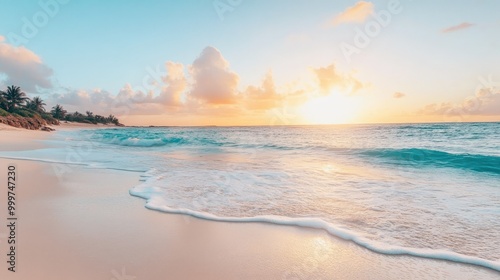 A serene beach scene at sunset, showcasing gentle waves and a tranquil atmosphere.