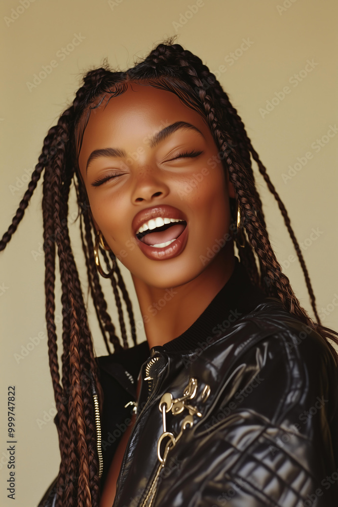 bold African American woman model from the early '90s, with long box braids and oversized moto jacket. She's making an excited facial expression while winking. bold African American woman model from the early '90s, with long box braids and oversized moto jacket. She's making an excited facial expression while winking.