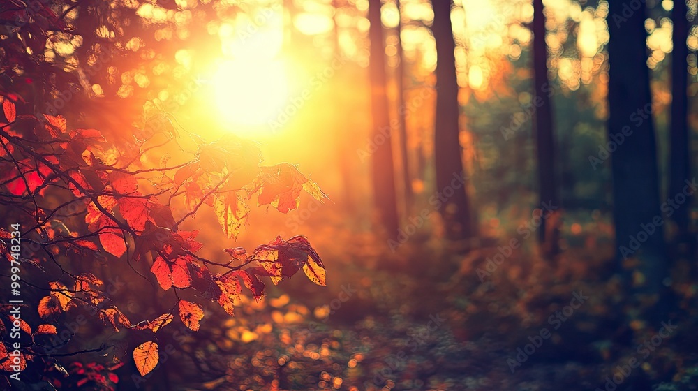A serene forest scene at sunset, highlighting vibrant autumn leaves and warm sunlight. A serene forest scene at sunset, highlighting vibrant autumn leaves and warm sunlight.