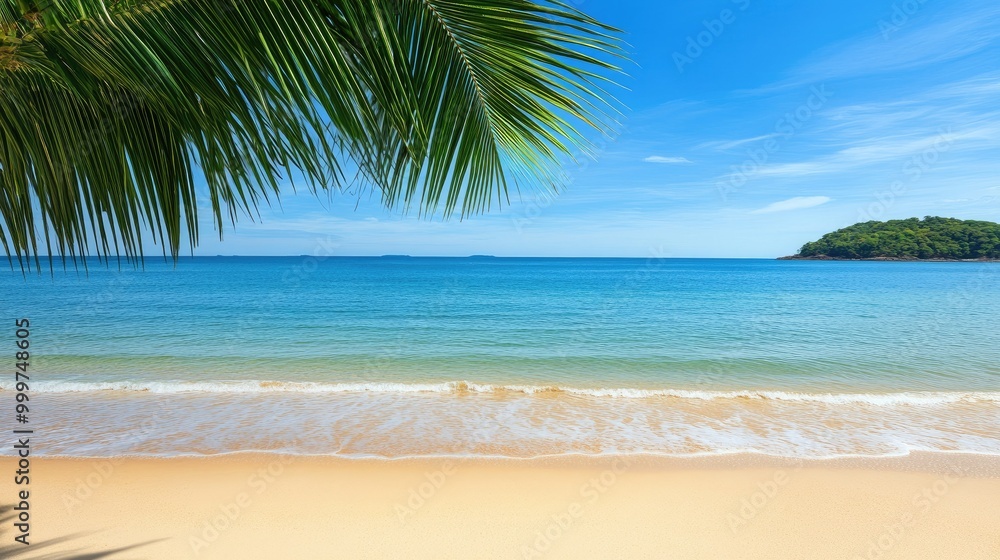 A serene beach scene with clear water and a lush island in the background. A serene beach scene with clear water and a lush island in the background.