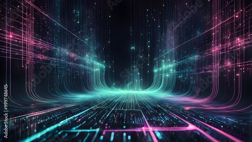 Abstract digital background with glowing lines and particles.