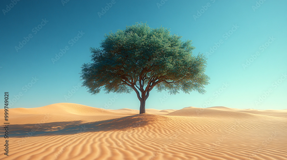 A solitary tree stands tall in a tranquil desert landscape, surrounded by undulating sand dunes and bathed in soft sunlight. The minimalist digital painting evokes feelings of solitude and...