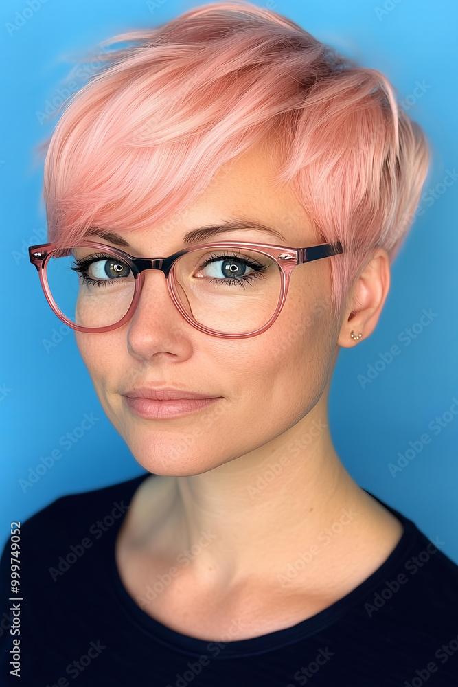 woman with a pink pixie haircut, wearing glasses. blue background woman with a pink pixie haircut, wearing glasses. blue background