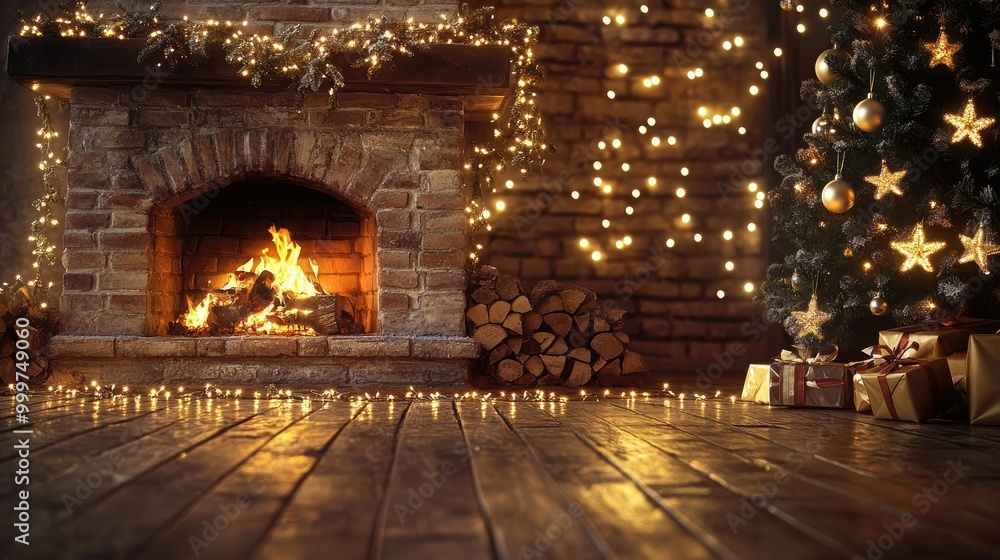 Cozy holiday scene with a fireplace, decorated tree, and gifts. Cozy holiday scene with a fireplace, decorated tree, and gifts.