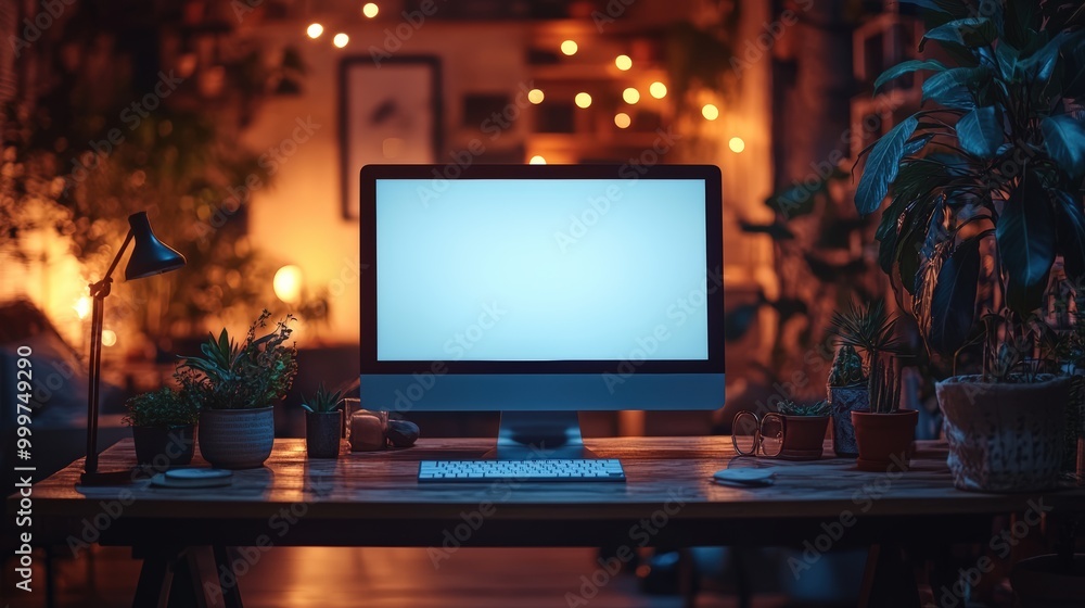 A computer mockup on a table, illuminated by the soft glow of a lamp in a dark office room at night. A computer mockup on a table, illuminated by the soft glow of a lamp in a dark office room at night.