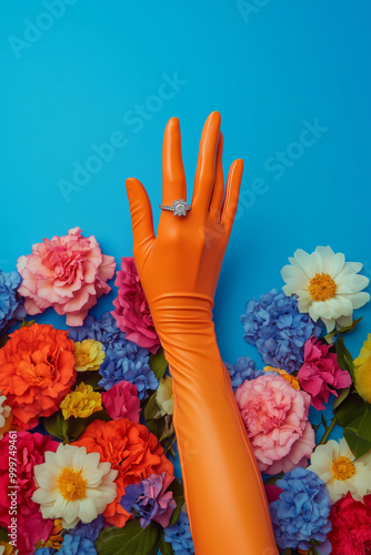 elegant hand with long orange gloves, wearing a ring and holding up the finger in front of a pile of colorful flowers on a cobalt blue solid flat background. This is a studio photography photo