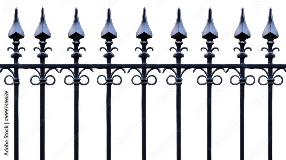 Ornate black gothic-style fence with spires isolated against a pristine white background showcasing intricate craftsmanship and design Ornate black gothic-style fence with spires isolated against a pristine white background showcasing intricate craftsmanship and design