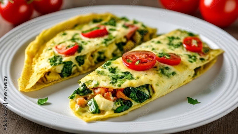 Deliciously baked omelette with fresh tomatoes and spinach ready to be savored Deliciously baked omelette with fresh tomatoes and spinach ready to be savored