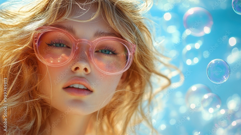 A beautiful blonde woman in large pink glasses flying through the blue sky, surrounded by colorful soap bubbles, fashion photography style, photorealistic, stylish
A beautiful blonde woman in large pink glasses flying through the blue sky, surrounded by colorful soap bubbles, fashion photography style, photorealistic, stylish