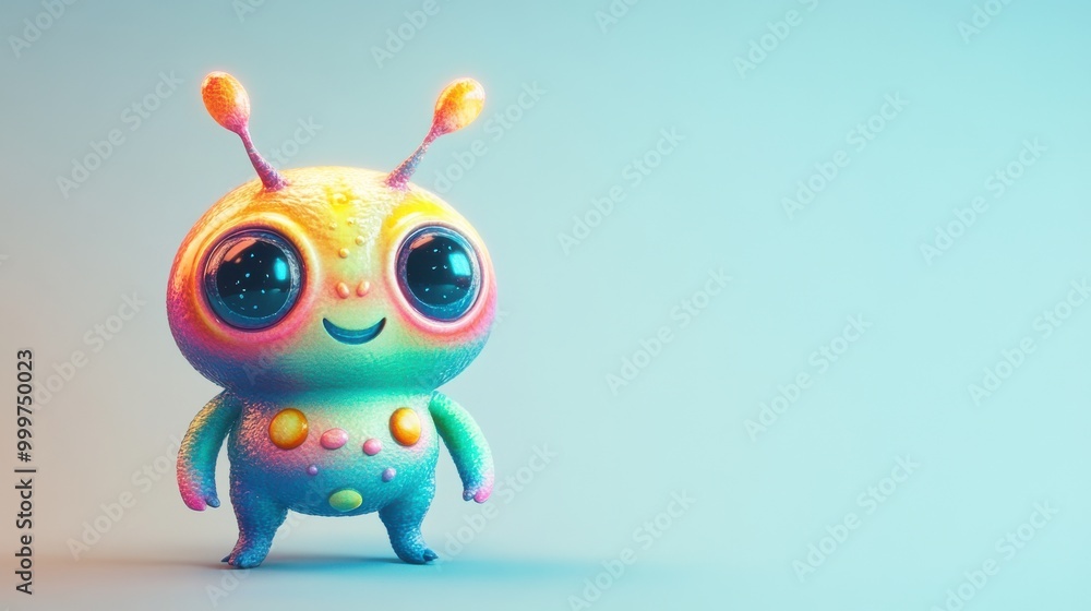A chubby, smiling alien with big eyes, soft antennas, and colorful spots on its body, standing on a light blue background A chubby, smiling alien with big eyes, soft antennas, and colorful spots on its body, standing on a light blue background