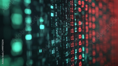 Wallpaper Mural Abstract Technology Background, a vibrant 3D render featuring red and green digital binary code, representing big data concepts in a striking and immersive design. Torontodigital.ca